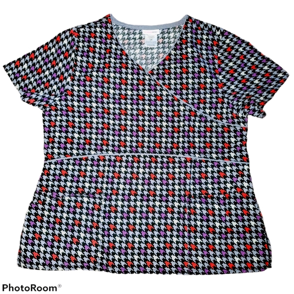 ScrubStar Mock Wrap V-Neck Heart Houndstooth Scrub Top - Black, Red, Purple - XL